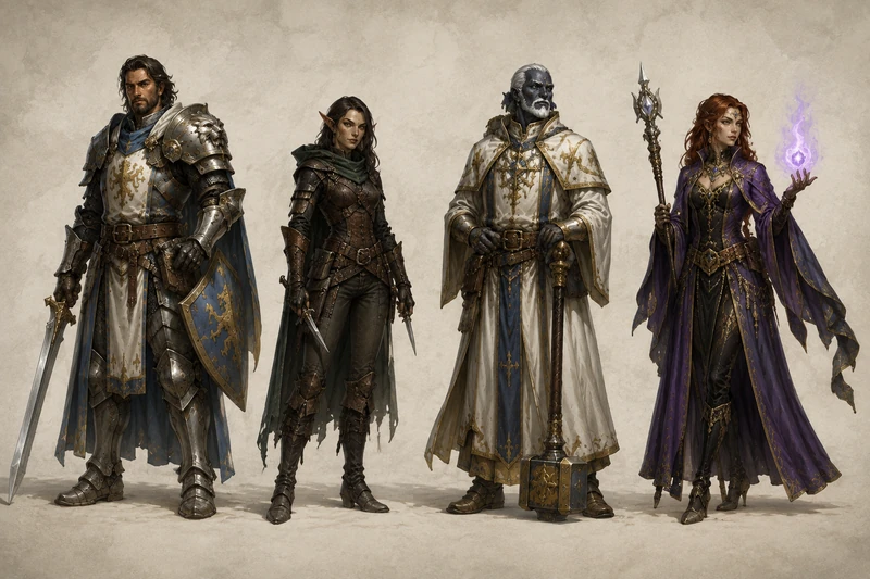 A group of four adventurers with different weapons and equipment