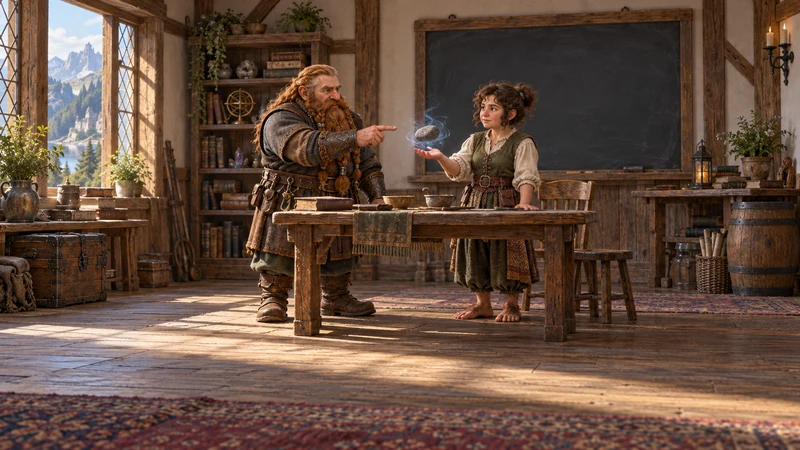 An instructor teaching an adventurer in a workshop
