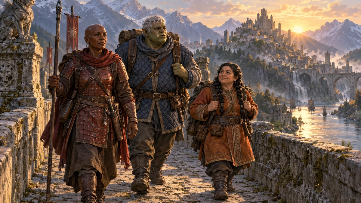Adventurers on a stone bridge overlooking a mountain castle at sunset