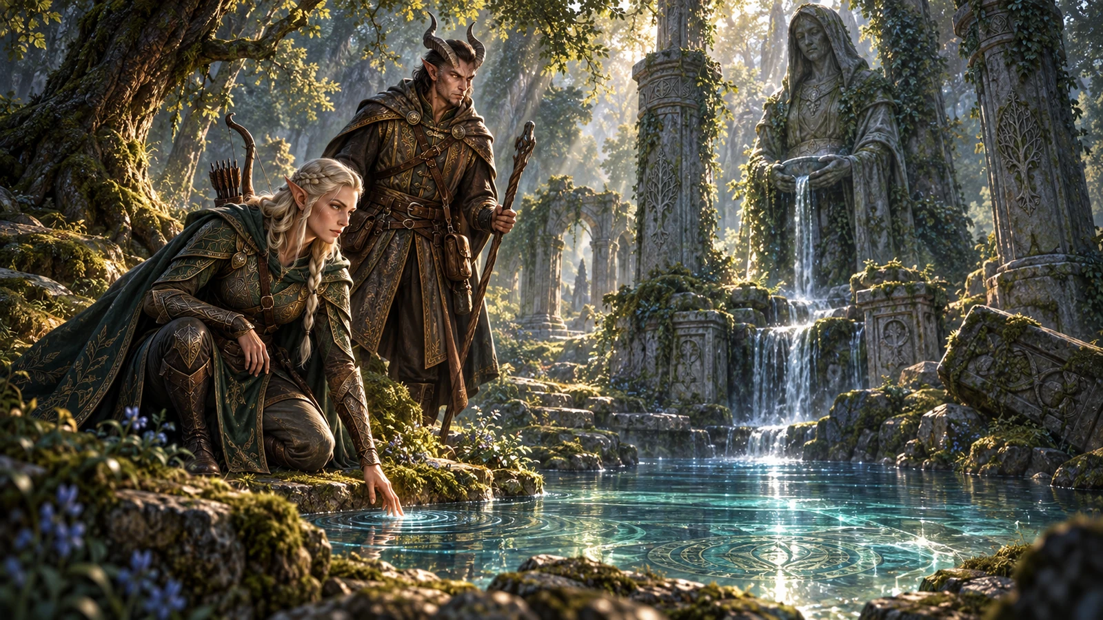 Explorers discovering a magical pool in ancient forest ruins